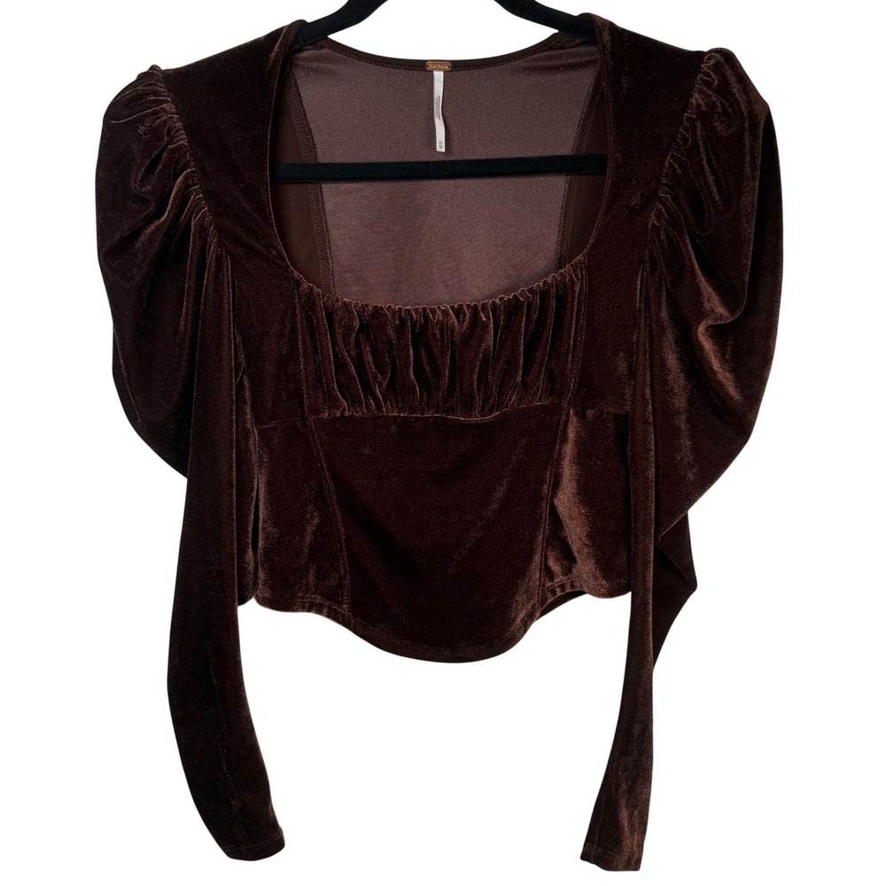 Free People Hold Me Velvet Corset Top Brown Puff Sleeve Whimsigoth Coquette XS‎